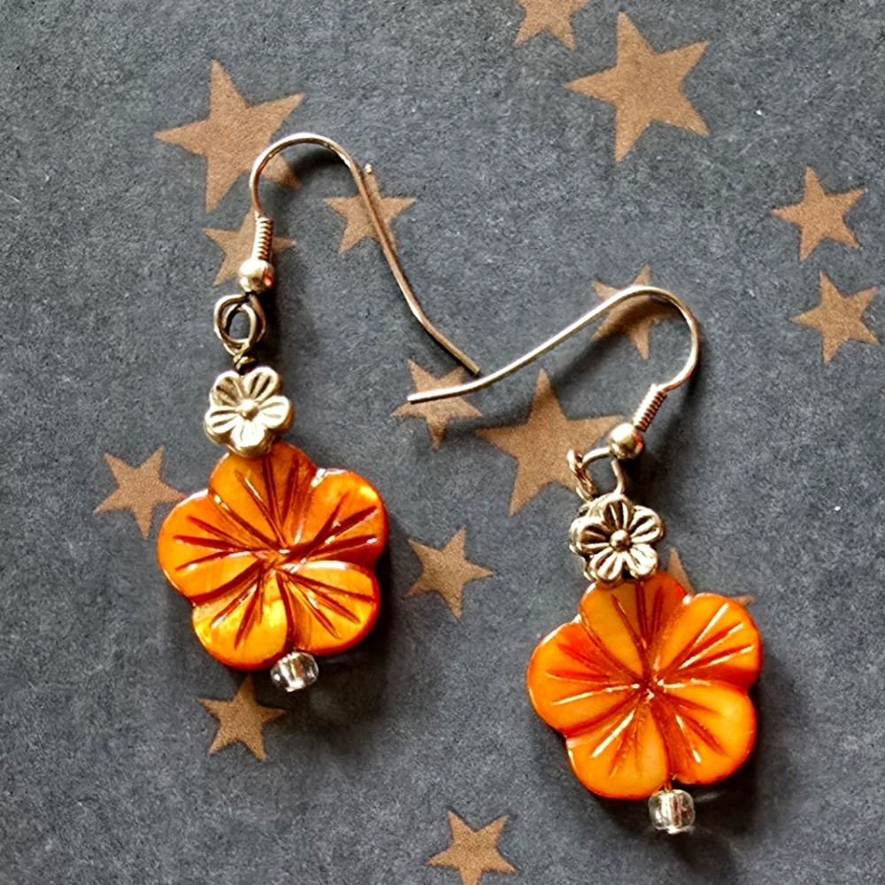 HIibiscus Flower Shell Hand Beaded Earrings New Delicate